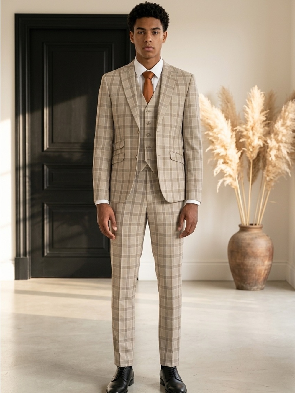 Khaki & Black Glen Plaid Three Piece Peak Lapel Ticket Pocket Suit, 50R/44W Slim